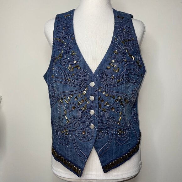 Armand Ventilo Embellished Denim Vest Studs Rivet Beads Applique Western Boho - Picture 1 of 16